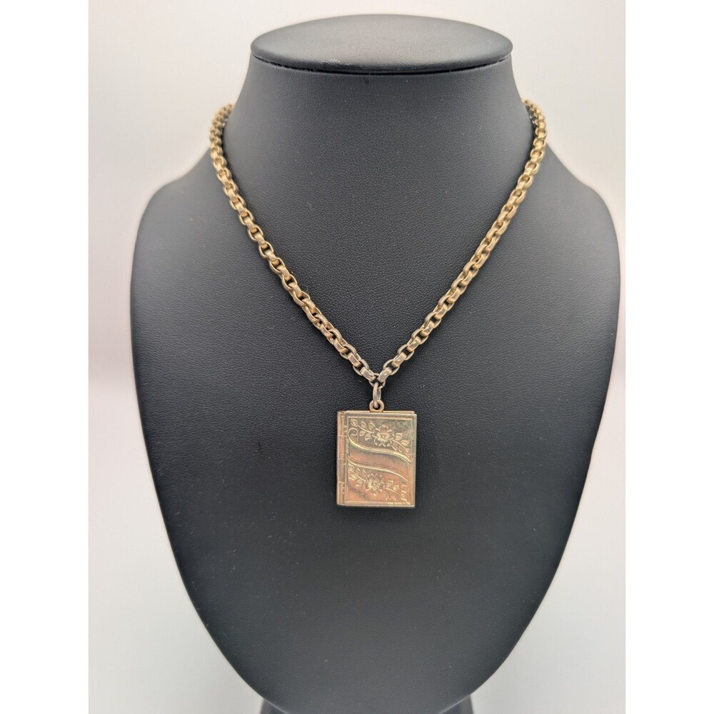 Vintage Gold Tone Book Locket Necklace Floral Engraved Etched Rectangular Chain